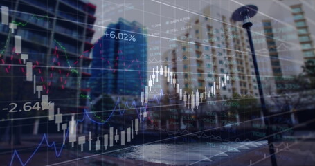 Image of financial data processing over cityscape