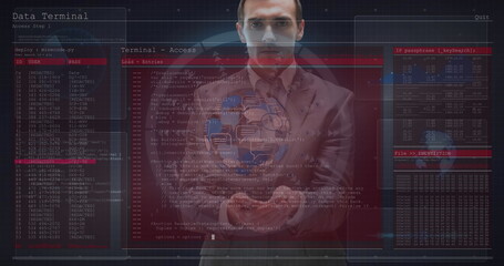 Image of data processing over caucasian businessman and globe