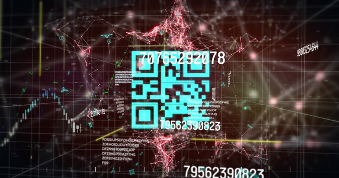 Image of qr code over numbers, graph, data and brown background