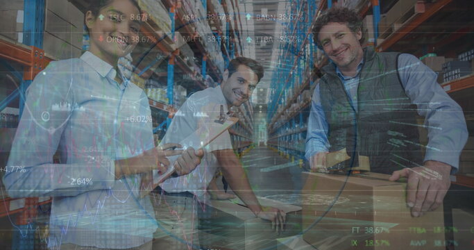 Image of financial graphs over diverse female and male warehouse workers