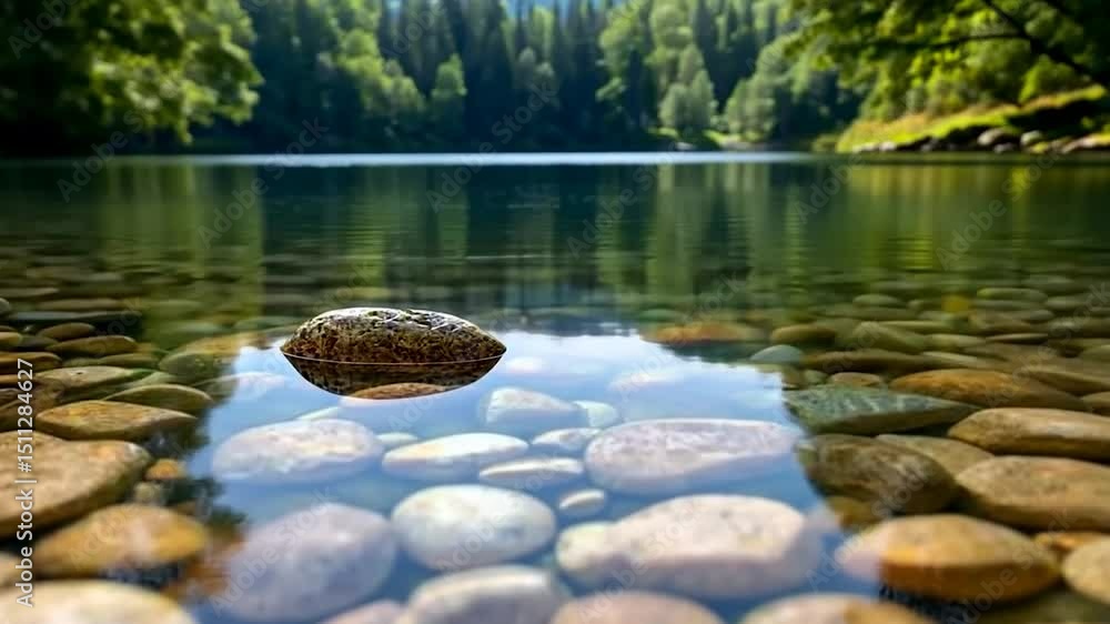 Poster tranquil lake scene with submerged stones and reflections creating a serene atmosphere. a rock float