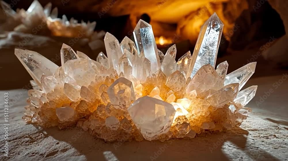 Poster illuminated quartz crystal formation within a cave showcasing intricate details and textures under w