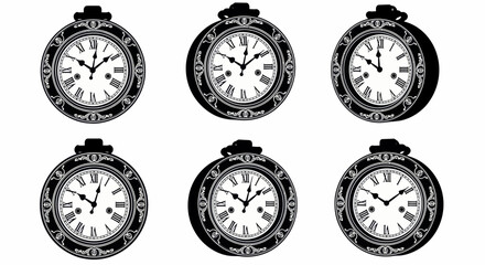Vintage Pocket Watch Collection: A series of intricate vintage pocket watches displaying various times, set against a pristine .