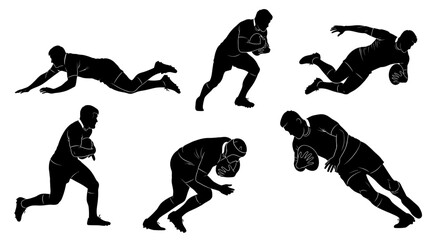 Dynamic Rugby Action: A captivating silhouette showcasing the athleticism of a rugby player in motion, running and diving.