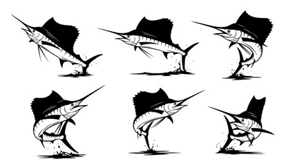 Oceanic Dance: A striking artistic illustration showcases the elegance of sailfish in dynamic poses. Each silhouette captures the speed and grace of these aquatic marvels.