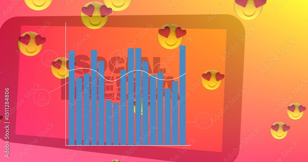 Poster image of data processing over emoji icons and network of connections