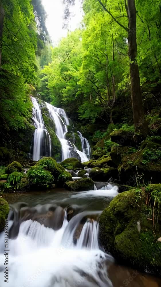 Poster cascading waterfall flowing over rocks covered with moss in a lush green forest with trees and folia