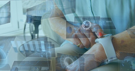 Image of data processing on digital screen over hands of caucasian woman using smartwatch