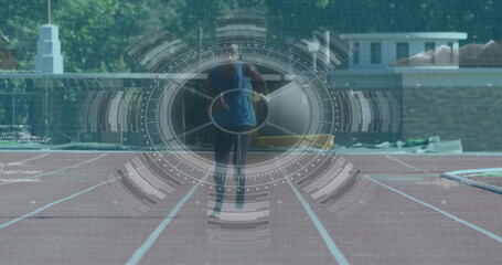 Image of digital interface over african american men with physical disability running