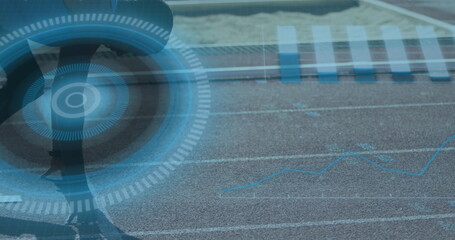 Image of digital interface over african american men with physical disability running