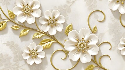 3D White and Gold Floral Wallpaper