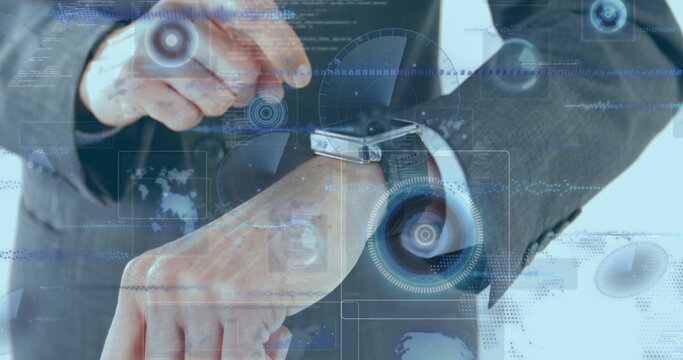 Fototapeta Image of data processing over caucasian man checking smartwatch