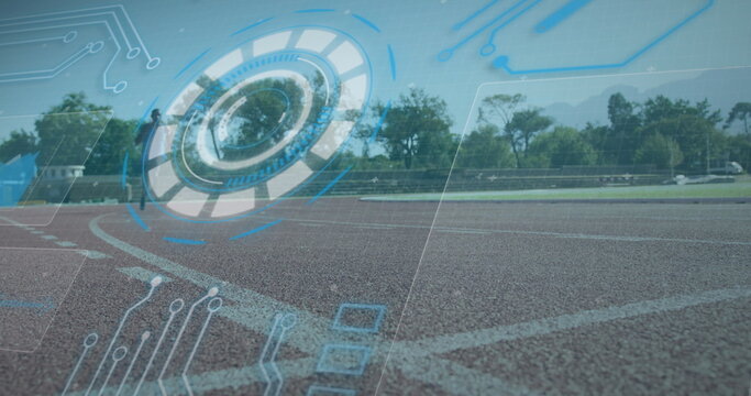 Image of digital interface over african american men with physical disability running - Powered by Adobe