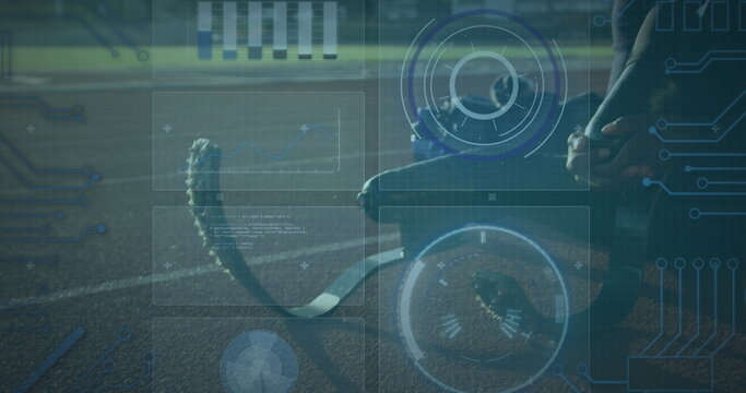 Image of digital data over african american disabled man training with running blade