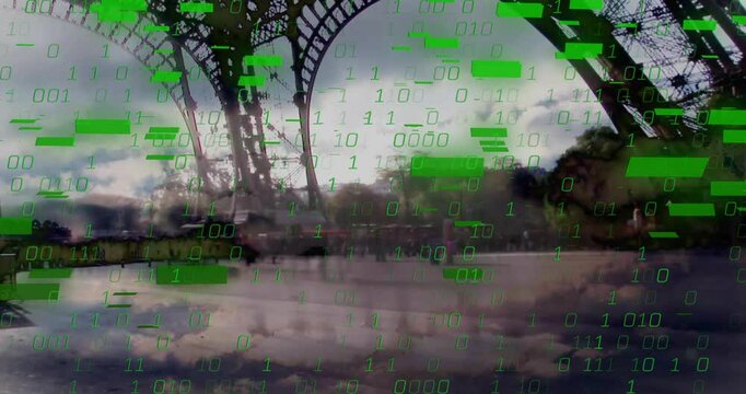 Digital glitch causing animated binary digits cascading over Eiffel Tower revealing data overlay