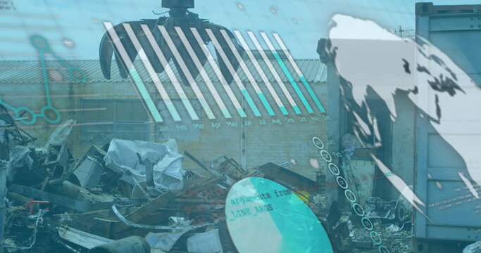 Hovering mechanical crane claw moving above scrap pile at scrap yard, with digital data overlay