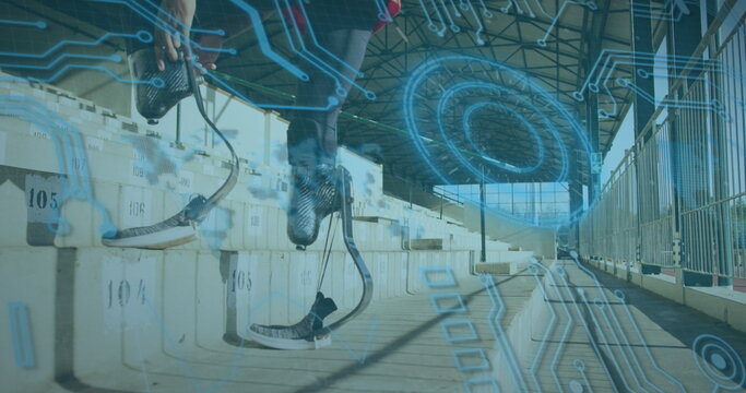 Image of data processing over disabled african american male runner