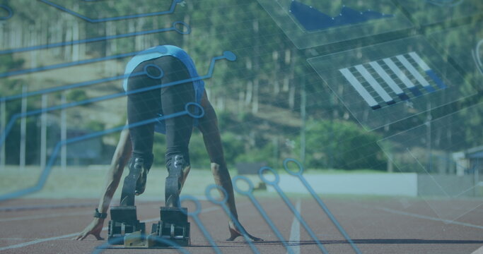 Image of digital data over african american disabled man training with running blade - Powered by Adobe