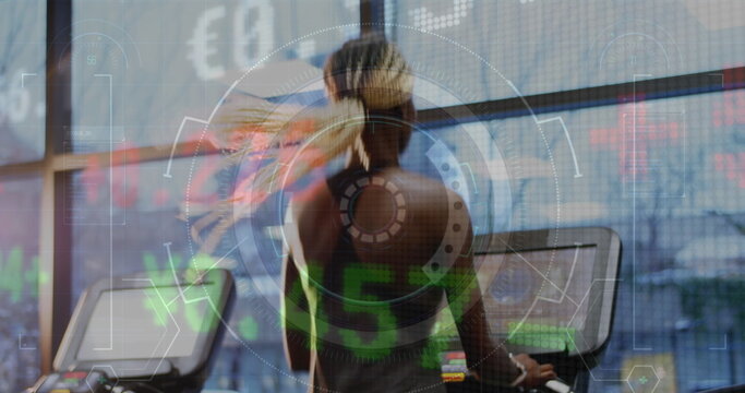 Image of graphs and financial data over back view of african american woman on treadmill