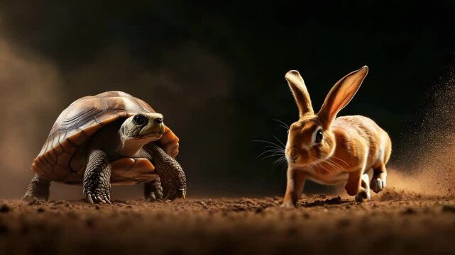 Tortoise and rabbit captured in dynamic wildlife scene on dusty ground, showcasing slow and fast movement of these animals in nature with dust particles and dramatic lighting