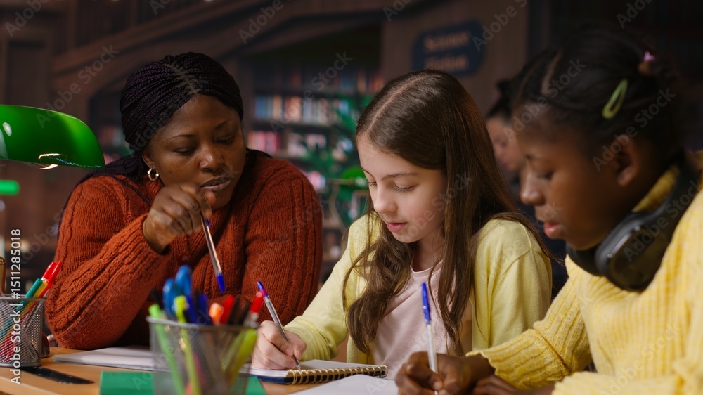 Poster female teacher assisting pupils with class homework and mentoring, providing academic instruction an