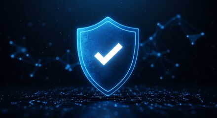 Glowing checkmark on a shield with digital network, cyber security concept