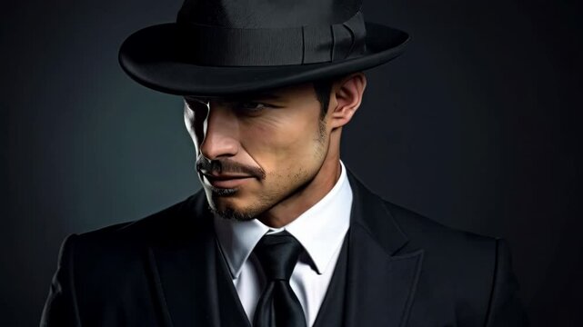 Portrait of a mysterious man in a black suit and fedora against a dark background with dramatic lighting and closed eyes.