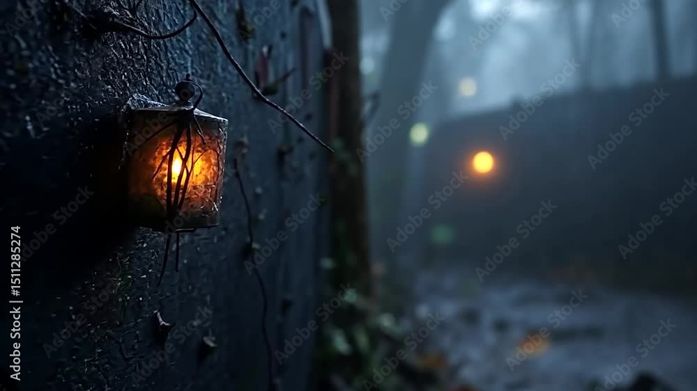 Aufkleber close-up of a lit lantern on a wet wall creating a warm glow with a blurred path in the background. 