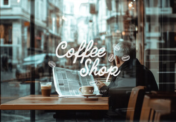 Coffee Shop Window Mockup with Man Reading 