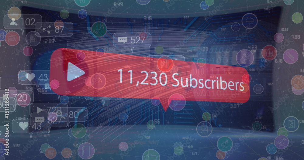 Poster speech bubble with subscribers text with increasing numbers against light trails over globe