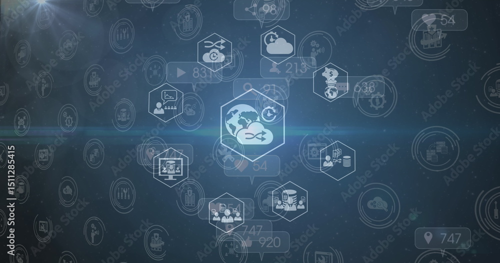Poster network of digital icon and speech bubbles with increasing number falling against blue background