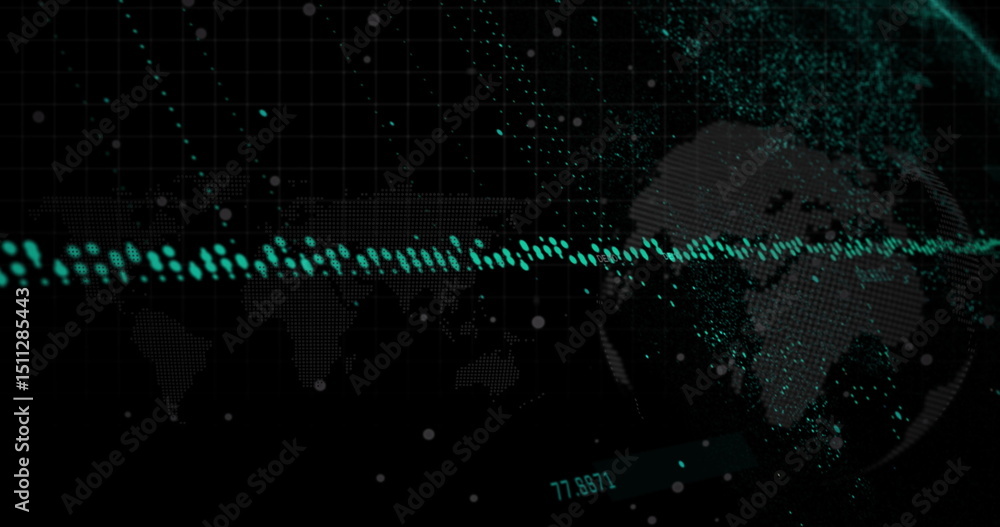 Poster digital image of data processing over world map and spinning globe against black background