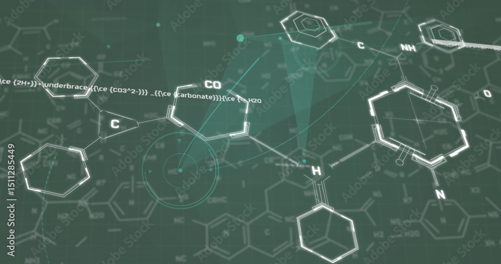 Poster image of network of connections and chemical structures over data processing on blue background