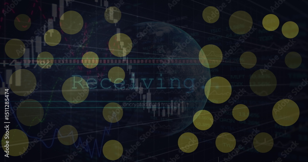 Aufkleber image of dots blinking over graphs and globe on black background