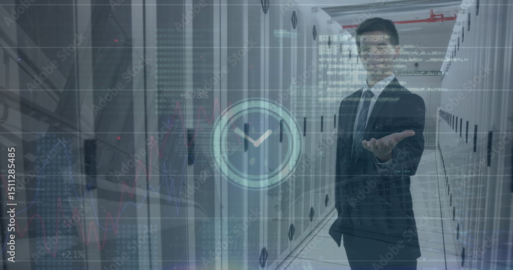 Poster image of clock icon over caucasian businessman holding an invisible object at server room