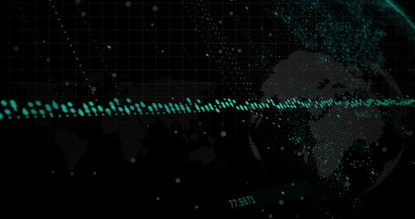 Digital image of data processing over world map and spinning globe against black background