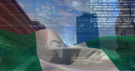 Image of data processing over nigeria flag against tall buildings