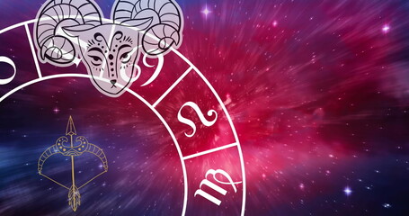 Image of aries over rotating zodiac wheel over cosmos