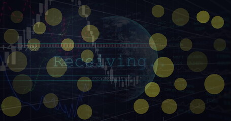 Image of dots blinking over graphs and globe on black background