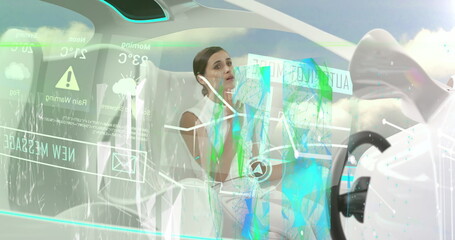 Image of data processing over caucasian businesswoman in modern car