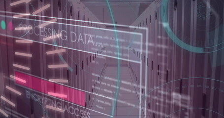 5g text, round scanners and data processing against empty computer server room