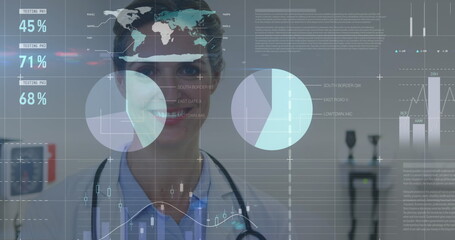 Image of statistical data processing overcaucasian female doctor smiling at hospital