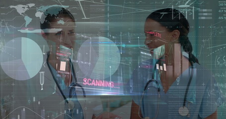 Image of data processing over diverse female doctors talking