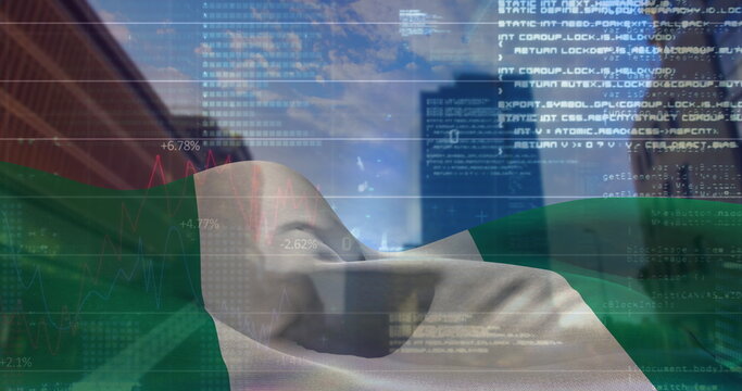 Naklejki Image of data processing over nigeria flag against tall buildings