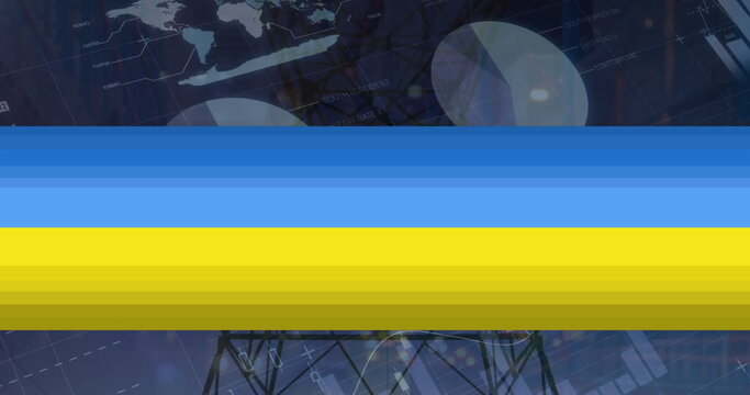 Naklejki Image of peace symbol over flag of ukraine and data processing