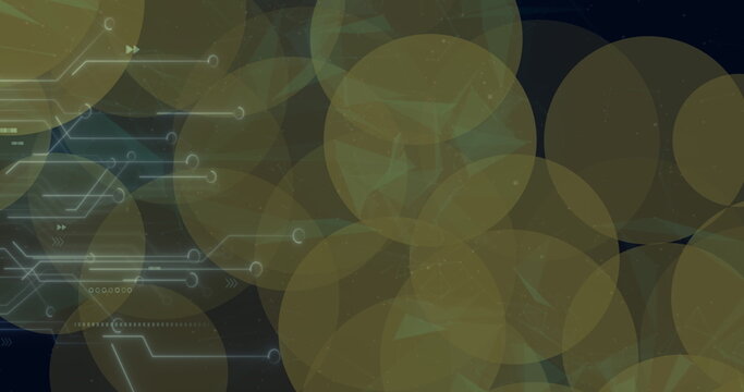 Image of dots blinking over integrated circuit on black background - Powered by Adobe