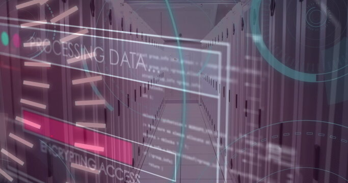 5g text, round scanners and data processing against empty computer server room - Powered by Adobe