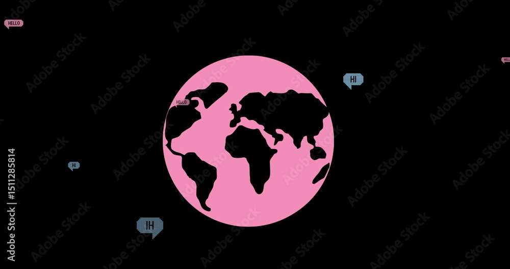 Poster image of falling hello text over pink globe on dark background