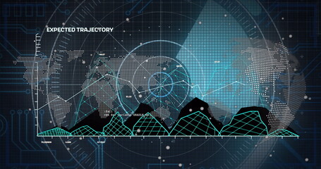 Image of radar,graphs and world map on navy background
