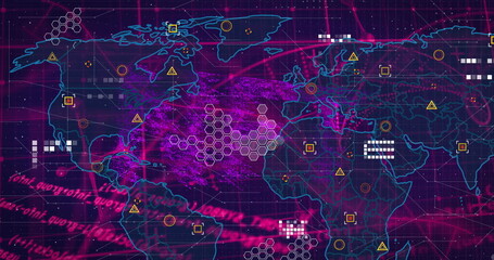 Image of molecules, data processing and world map on navy background